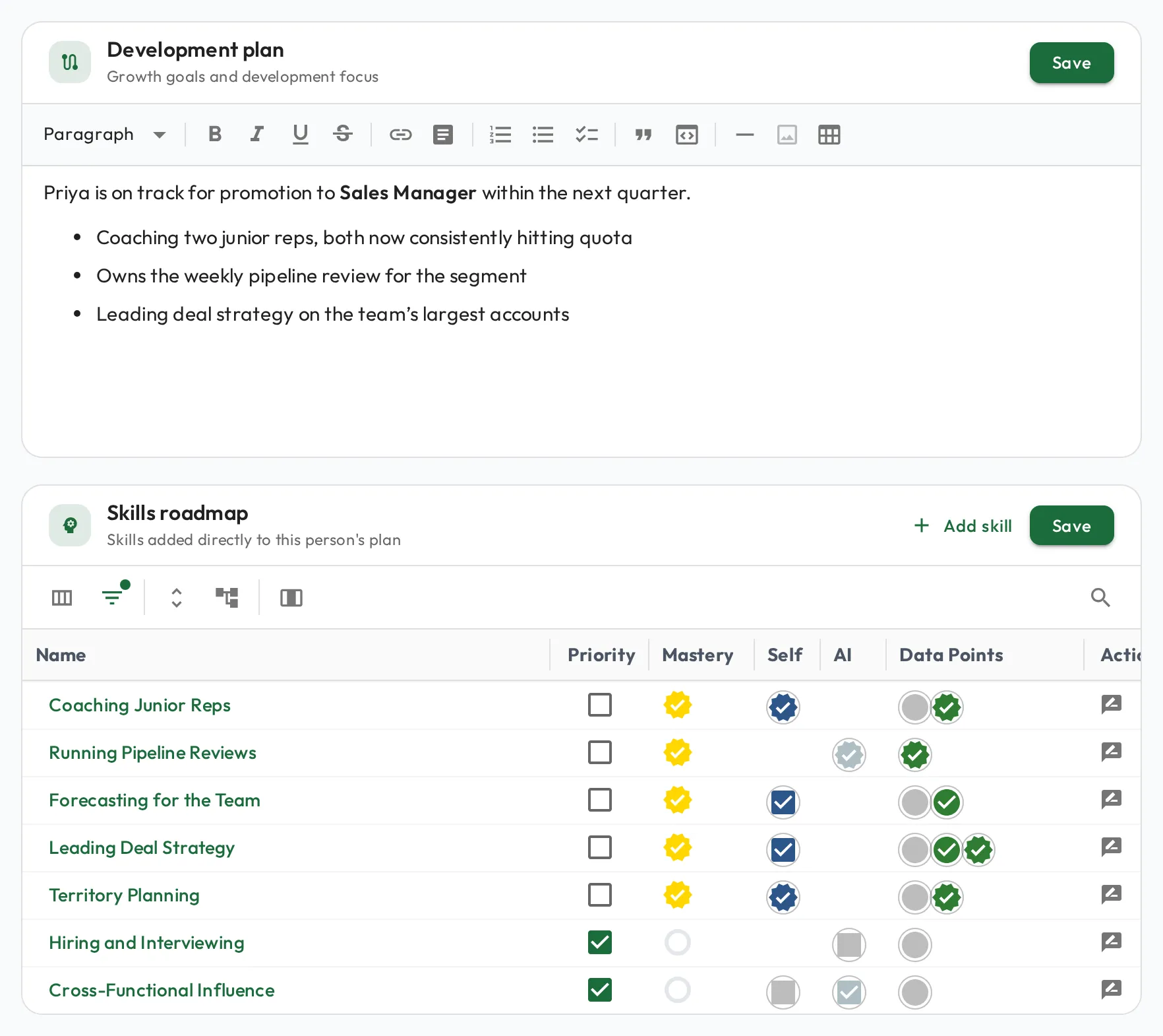 A staff member's career plan with target role and career-plan skills showing mastery levels