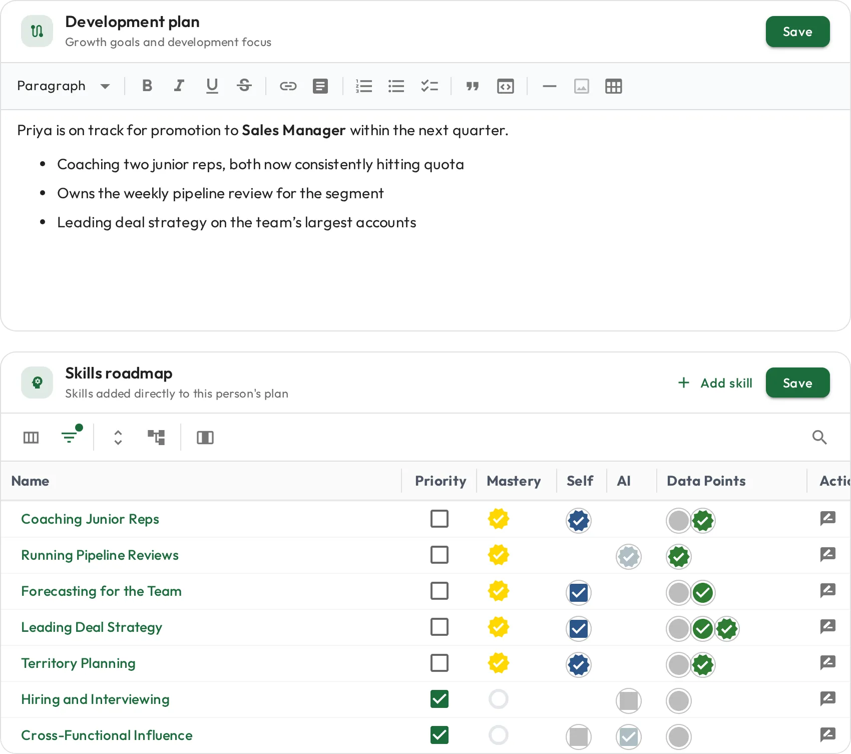 A rep's career plan showing promotion readiness, with career-plan skills mostly mastered