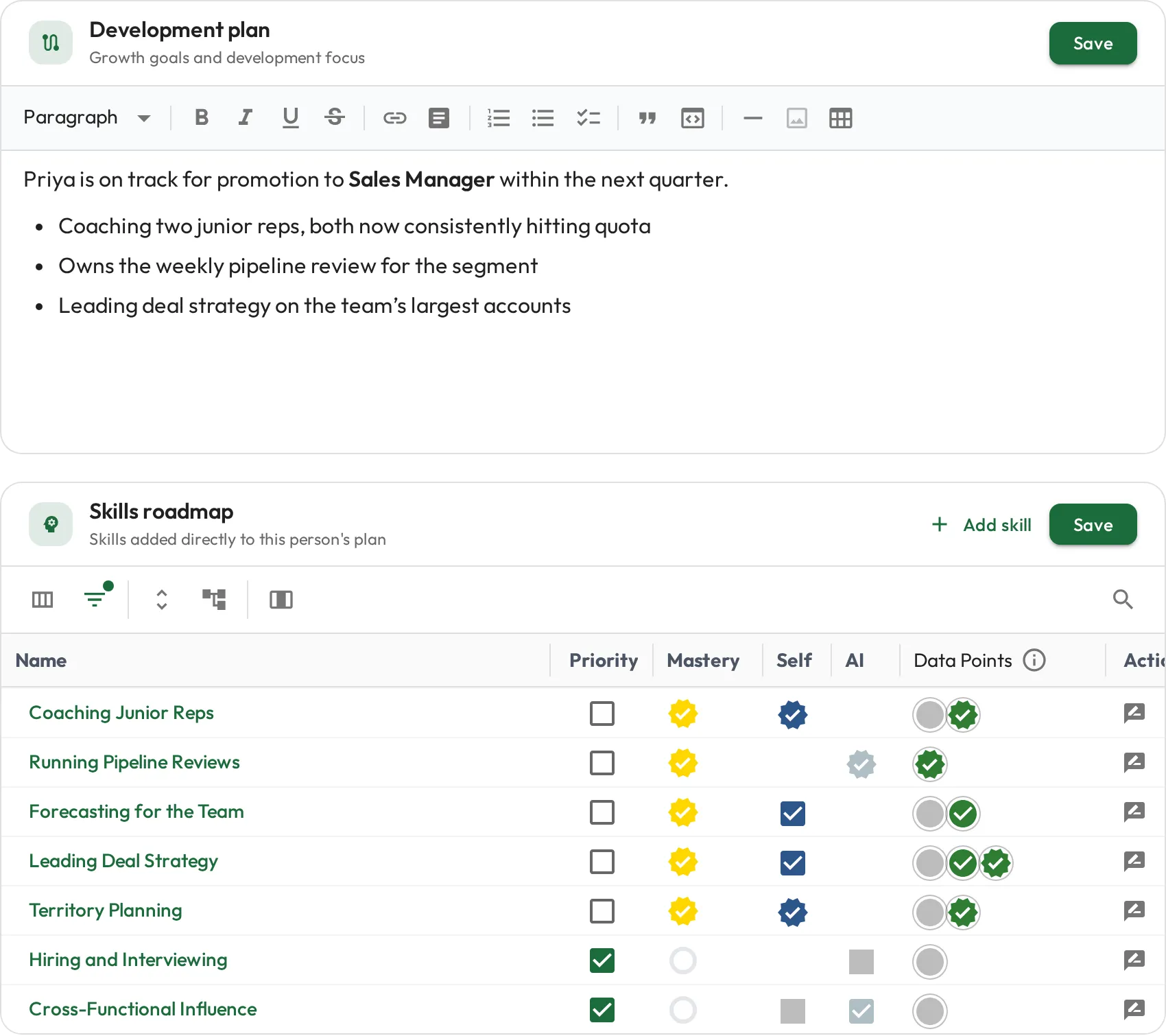 A staff member's career plan with target role and career-plan skills showing mastery levels