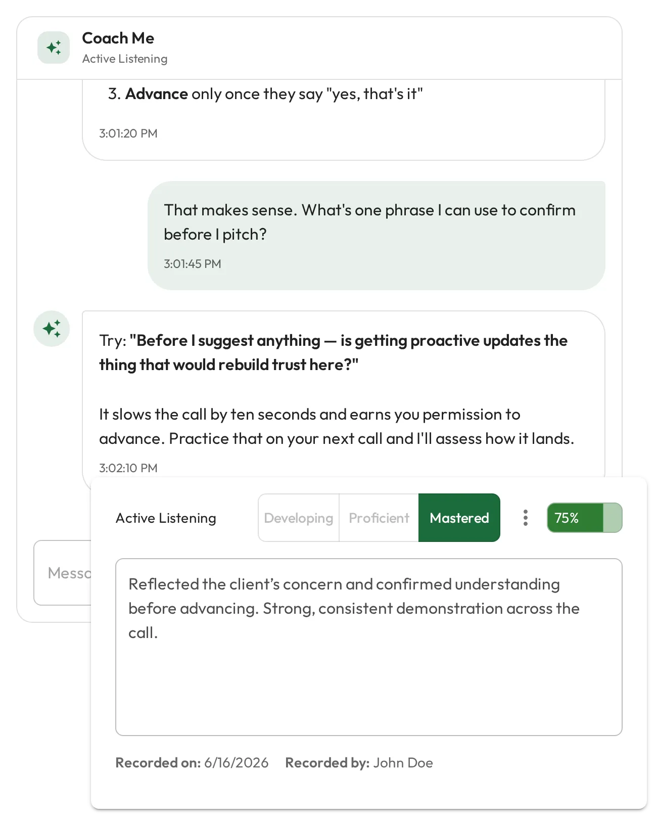 AI coaching chat alongside a recorded skill assessment showing a grade and note