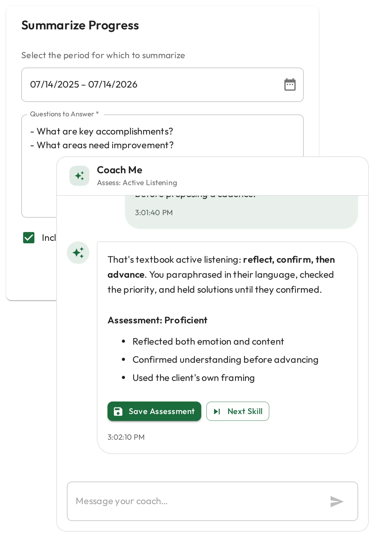 Admire AI drafting a performance review and coaching a staff member from their skill data