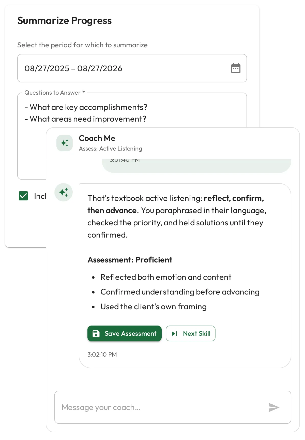 Admire AI drafting a performance review and coaching a staff member from their skill data