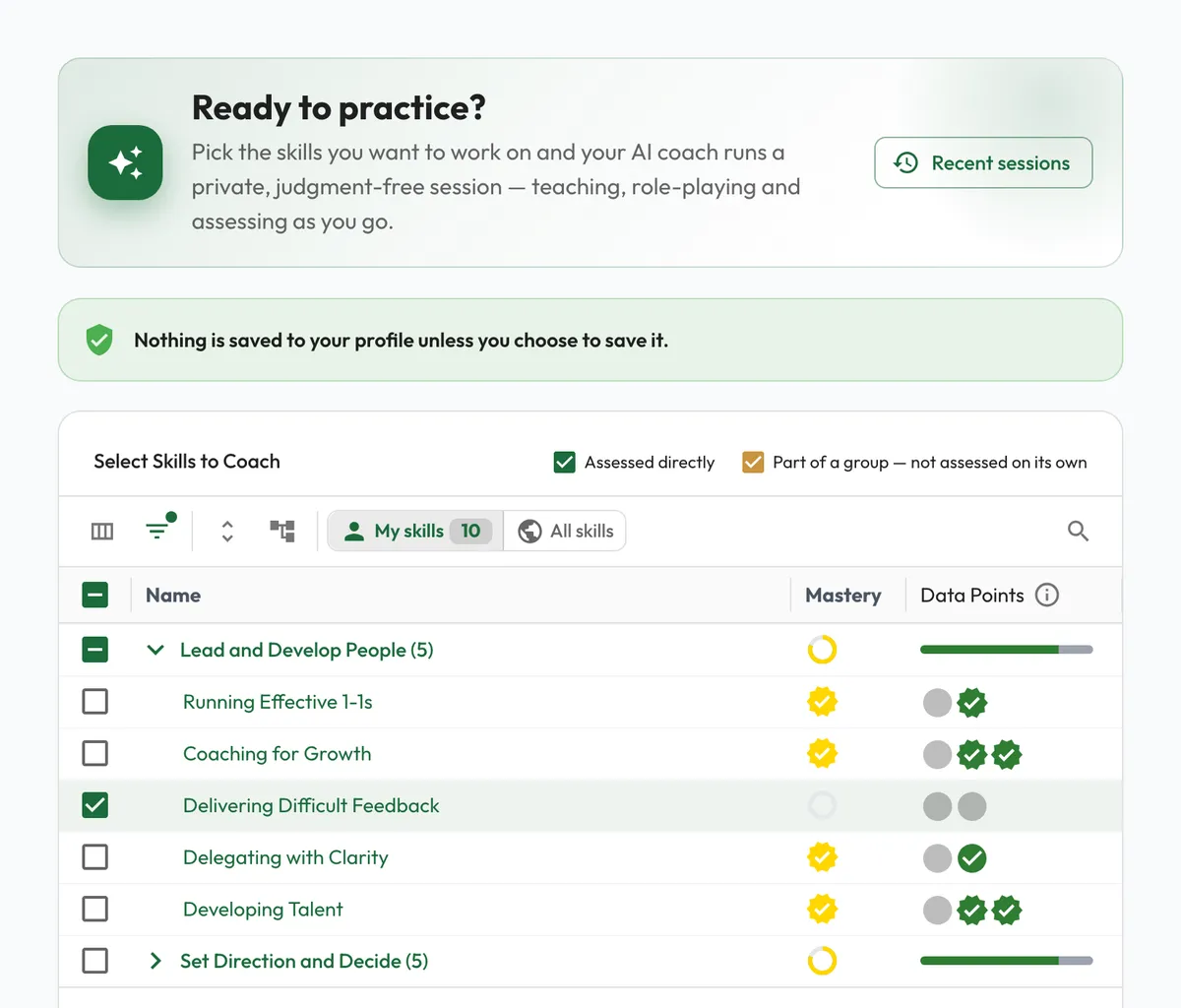 The Coach Me skill picker with a My skills and All skills toggle in its toolbar above a list of leadership skills, one selected and ready to practice.