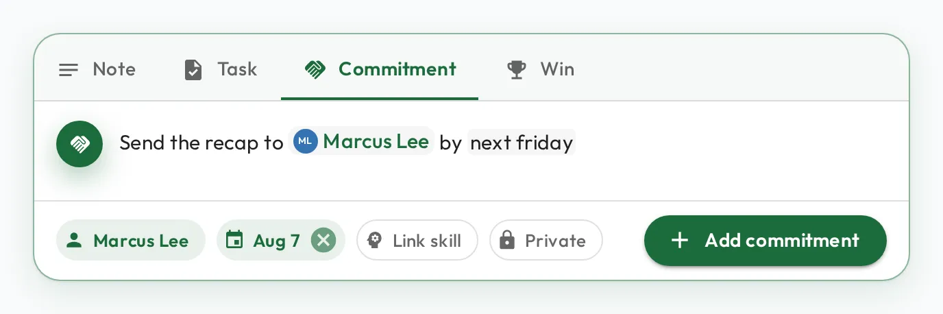 A commitment being written in the Admire note box: the text reads 'Send the recap to Marcus Lee by next friday', with Marcus Lee shown as a mention chip, 'next friday' highlighted, and the due date already filled in as Aug 7.