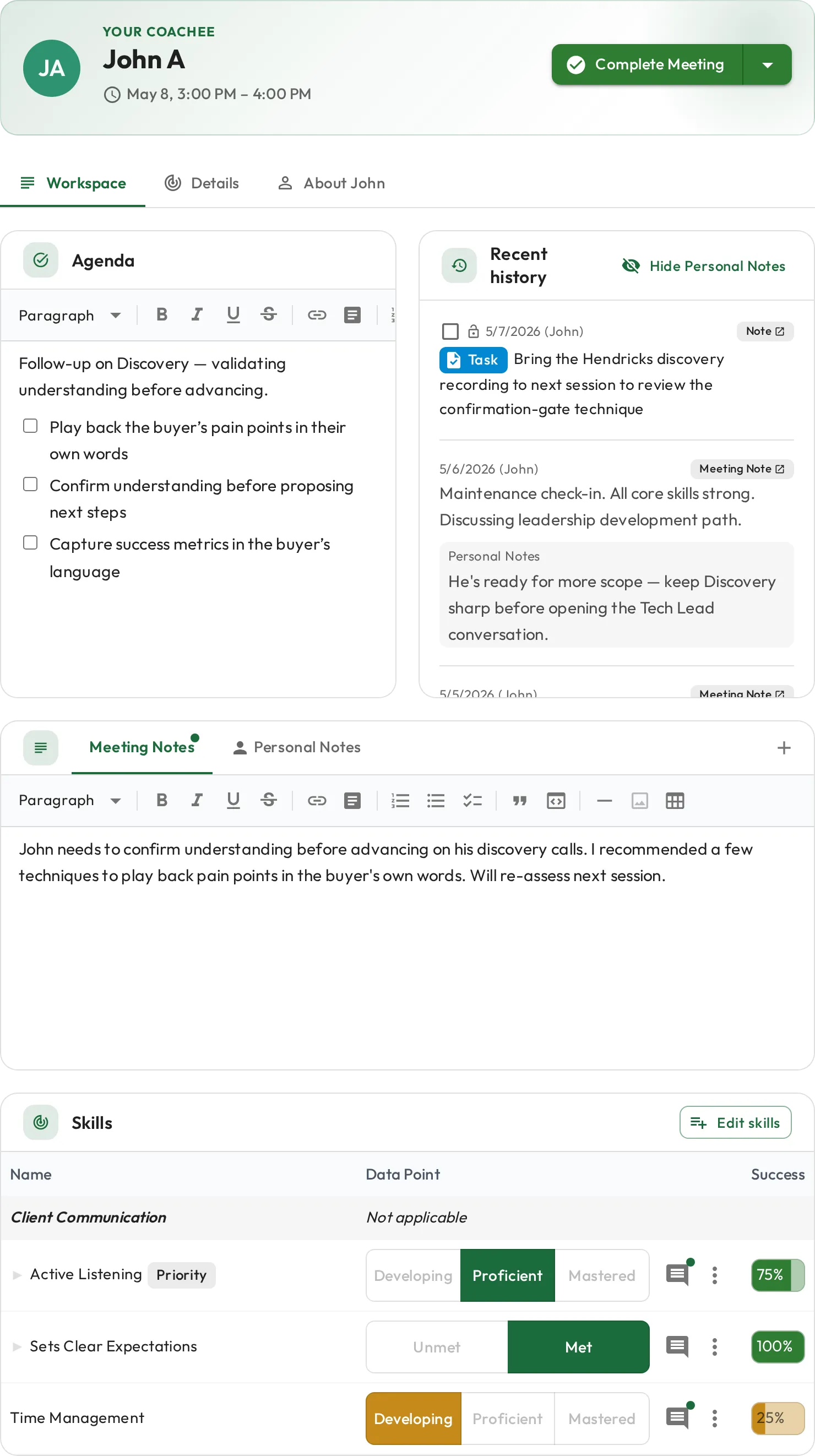Coaching session with agenda, meeting notes, and consolidated previous notes and history