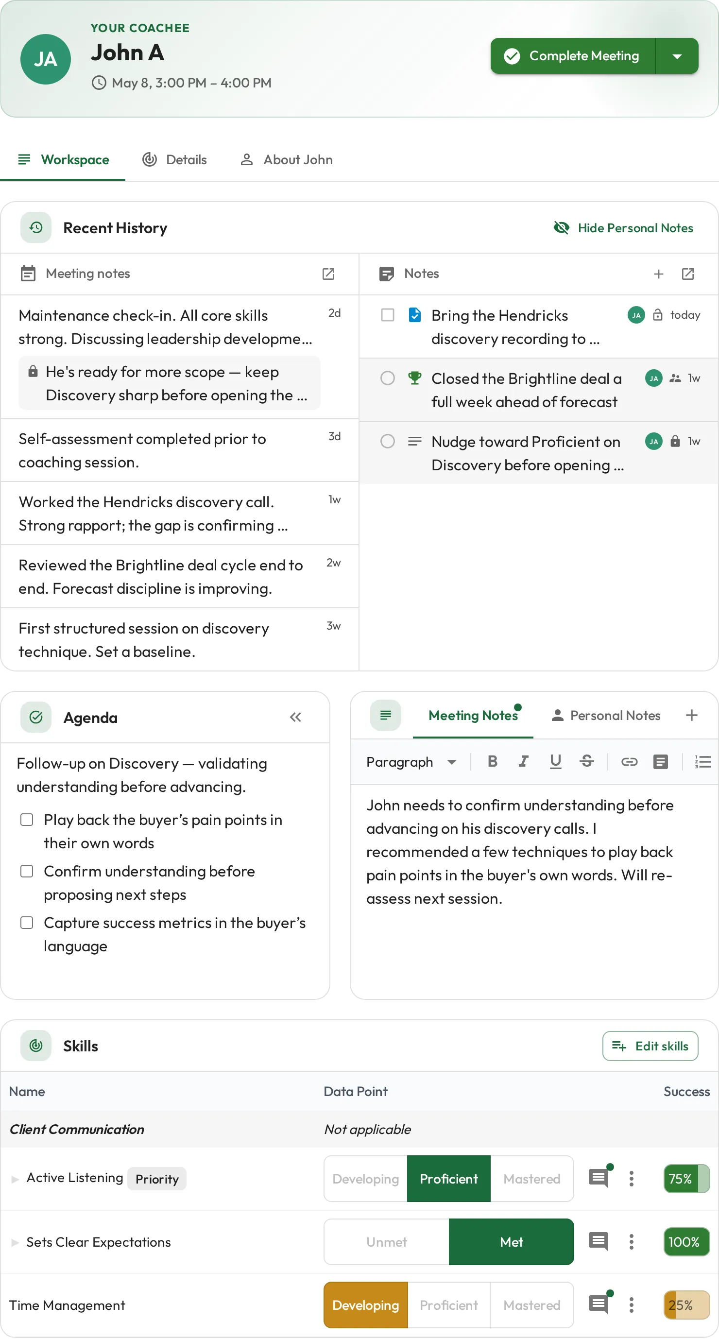 Coaching session with agenda, meeting notes, and consolidated previous notes and history