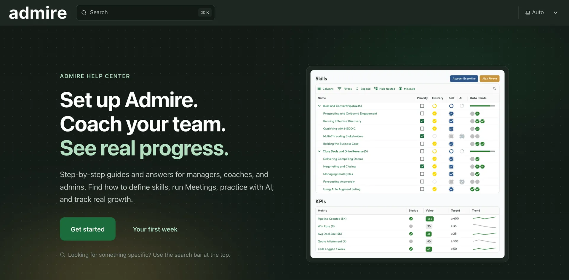 The Admire help center homepage at docs.admire.ai, with a 'Set up Admire. Coach your team. See real progress.' hero and a Get started button.