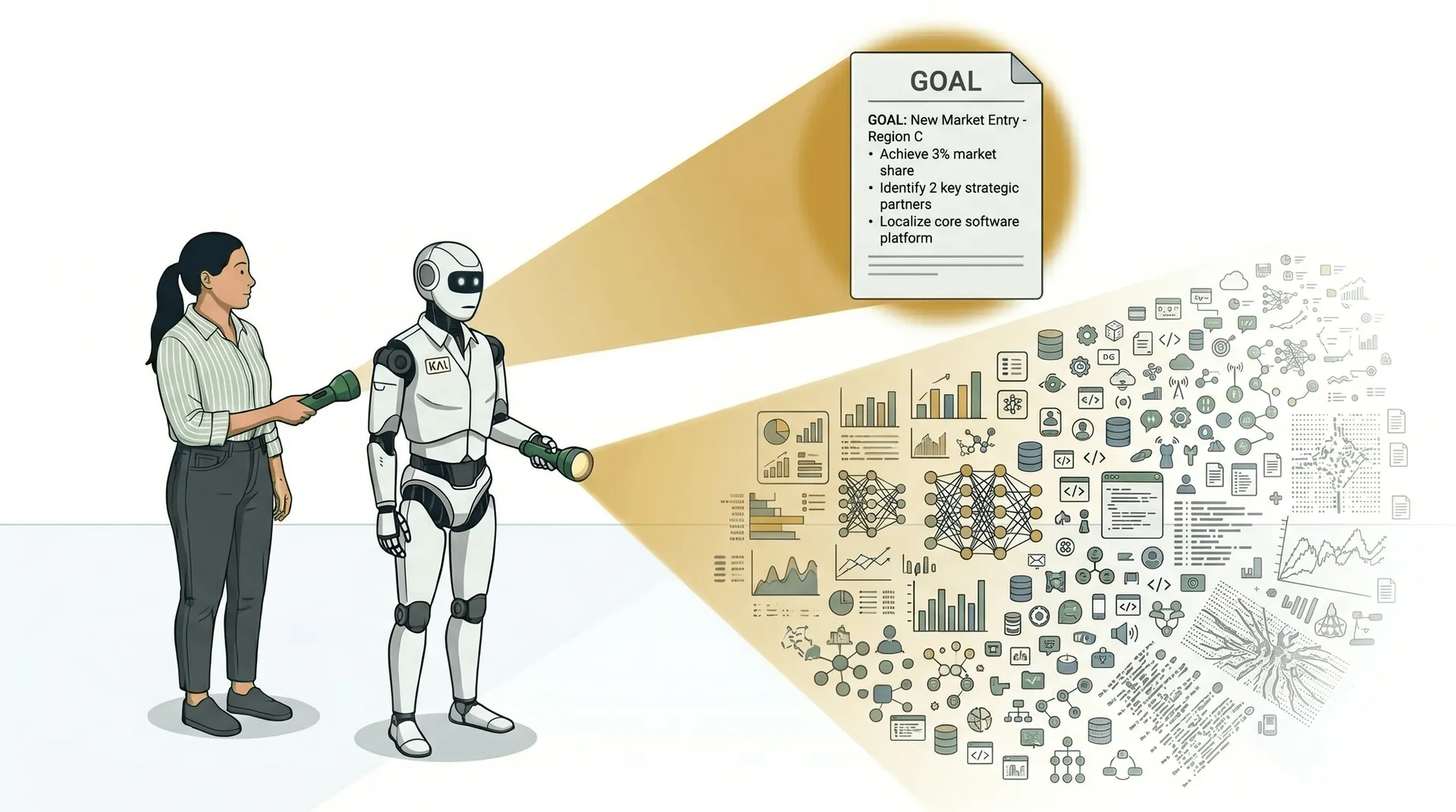 Diagram contrasting human and machine intelligence.
