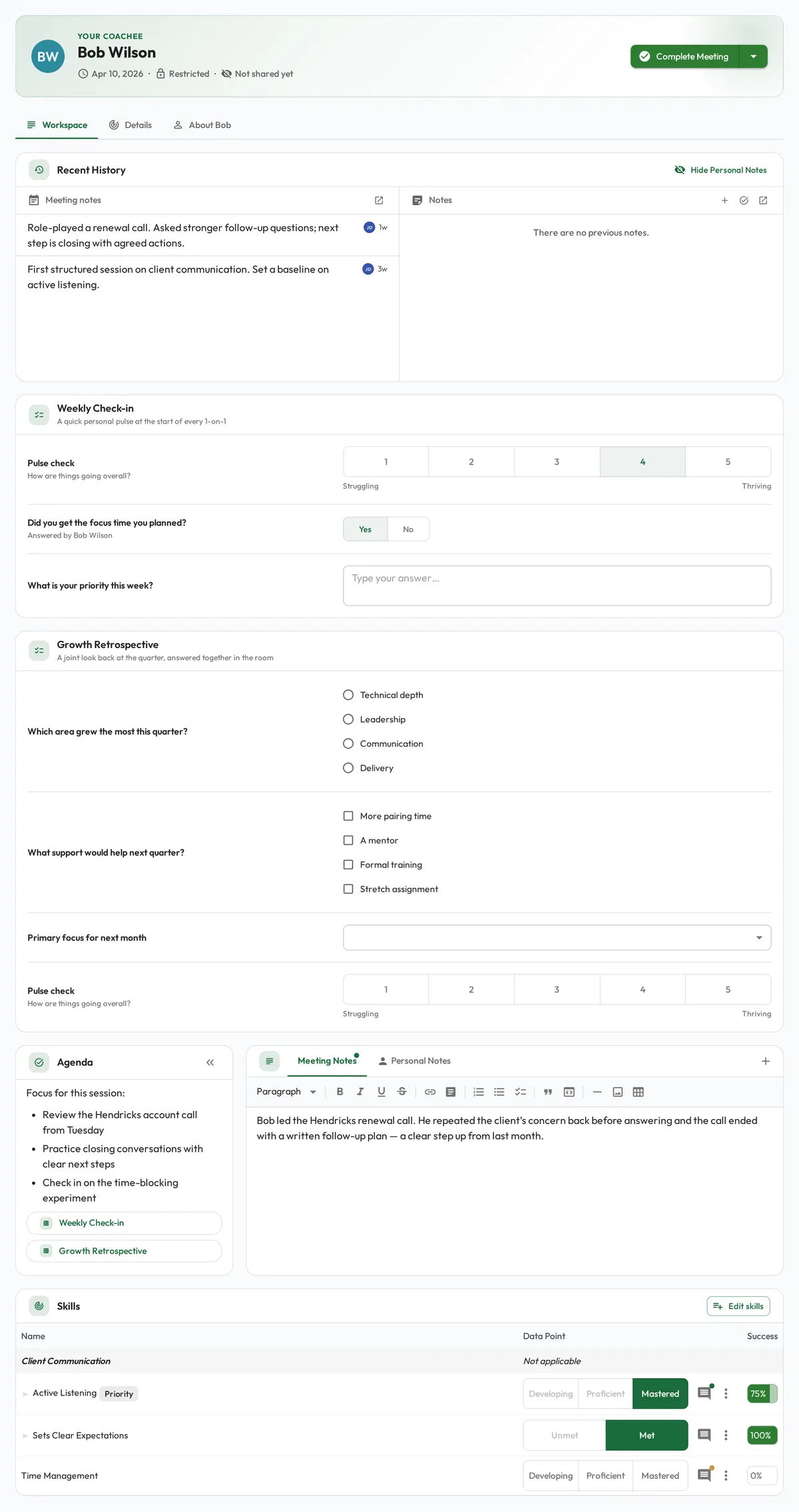 A running Meeting with two question sets in its workspace: a Weekly Check-in with a pulse rating and a yes or no question answered, and a Growth Retrospective with choice, dropdown, and rating questions, above the agenda, notes, and skills.