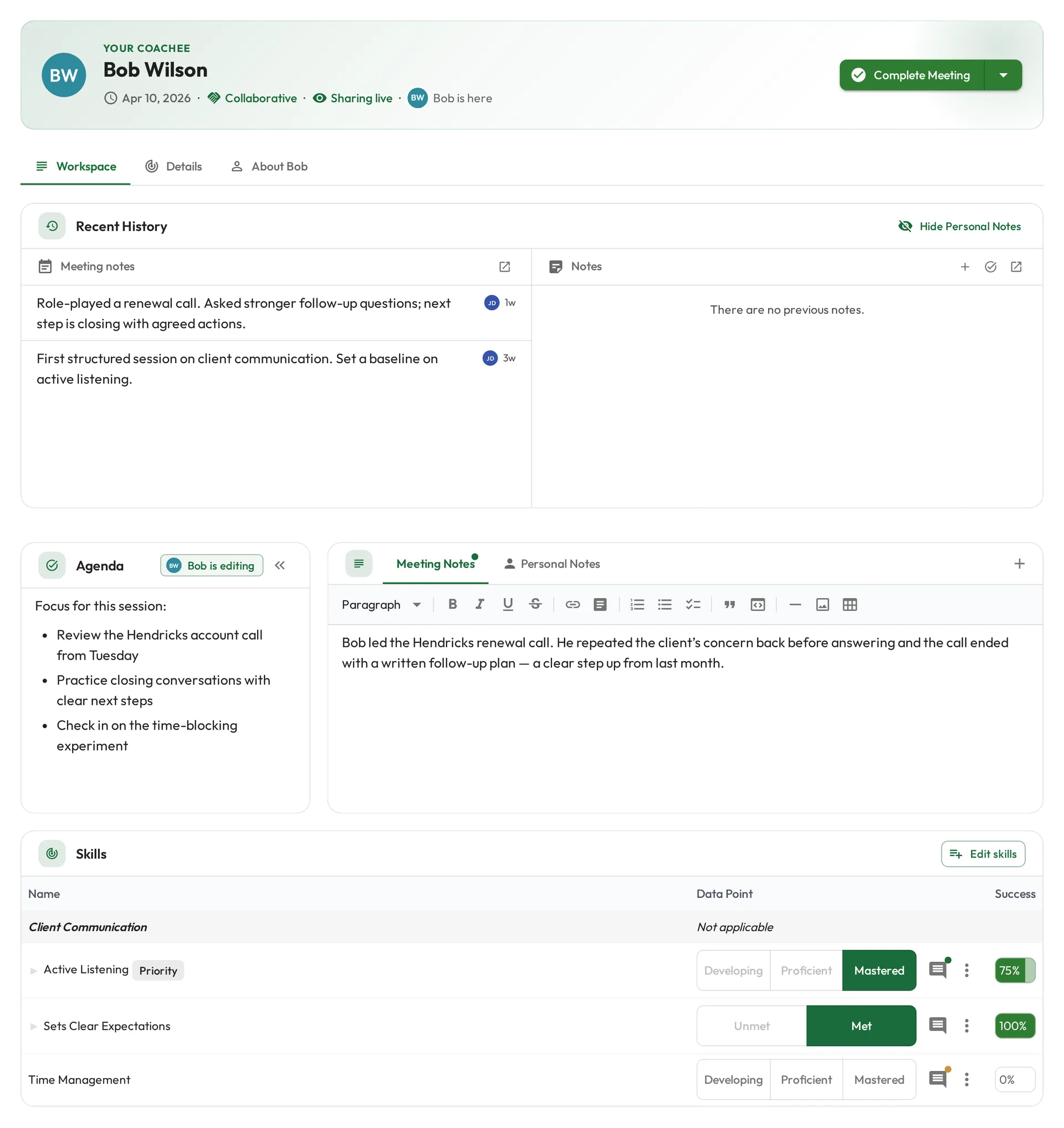 A coach's view of a running Meeting marked Collaborative and Sharing live, with the coachee shown as here in the header and a Bob is editing marker on the Agenda card, beside the Meeting Notes and the skills being scored.