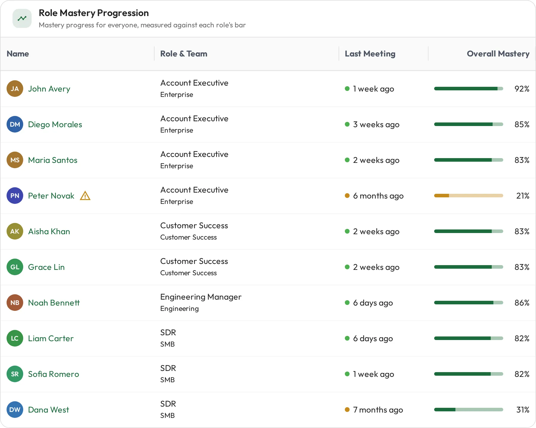 Role mastery progression across teams, with overall mastery per person and two people flagged for follow-up