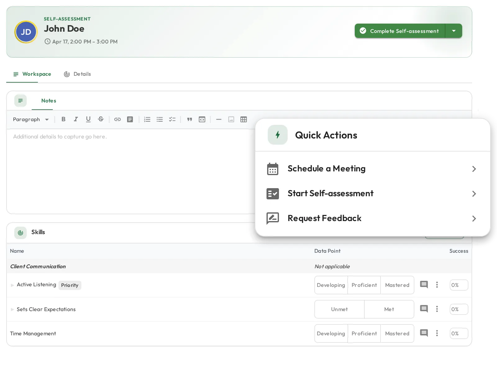 The Admire Quick Actions card with Schedule a Meeting, Start Self-assessment and Request Feedback, floating over a self-assessment session that has already opened with the person's skills listed and ready to score.