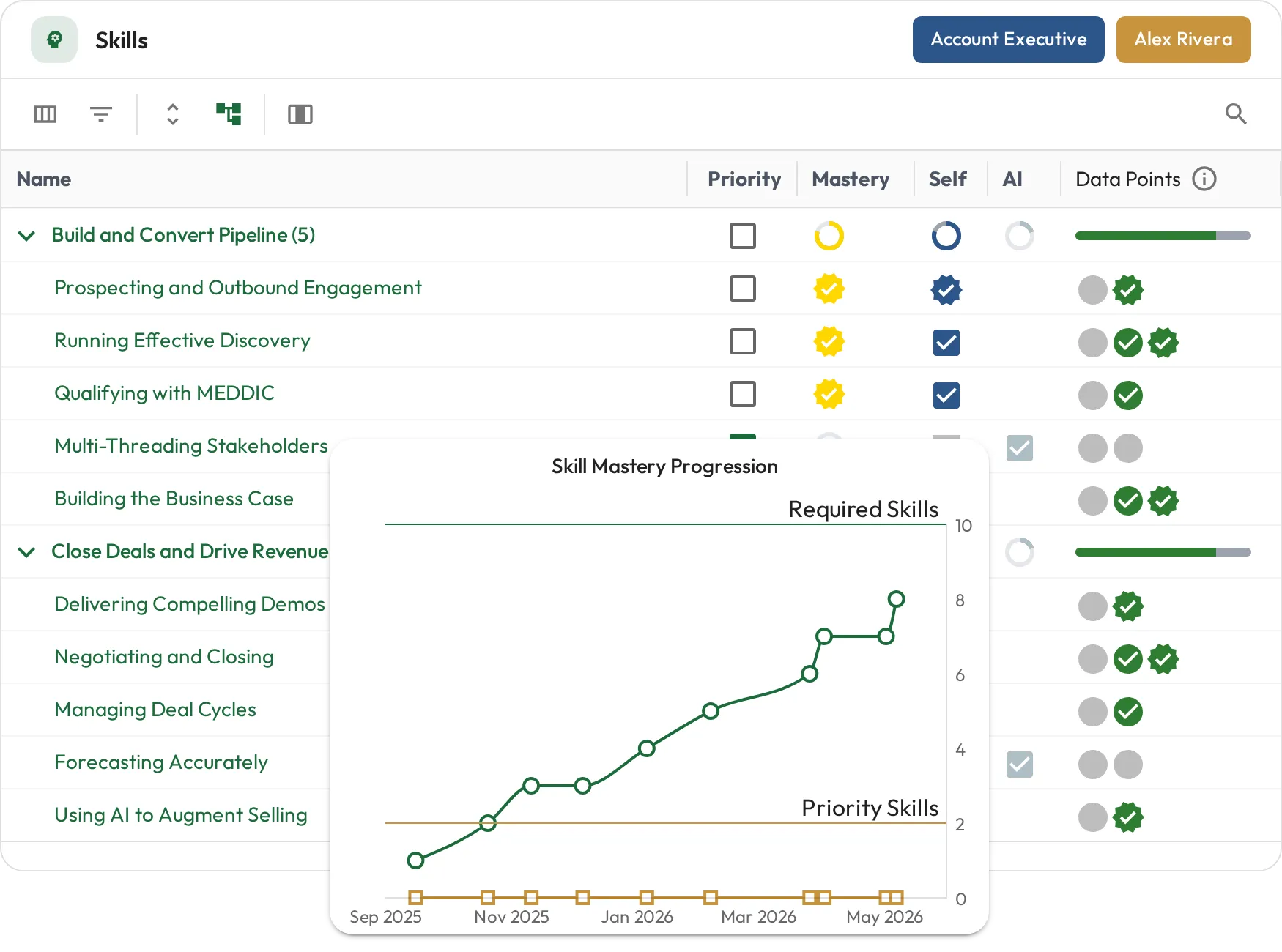 Skills assignments with mastery levels and a skill mastery progression chart over time