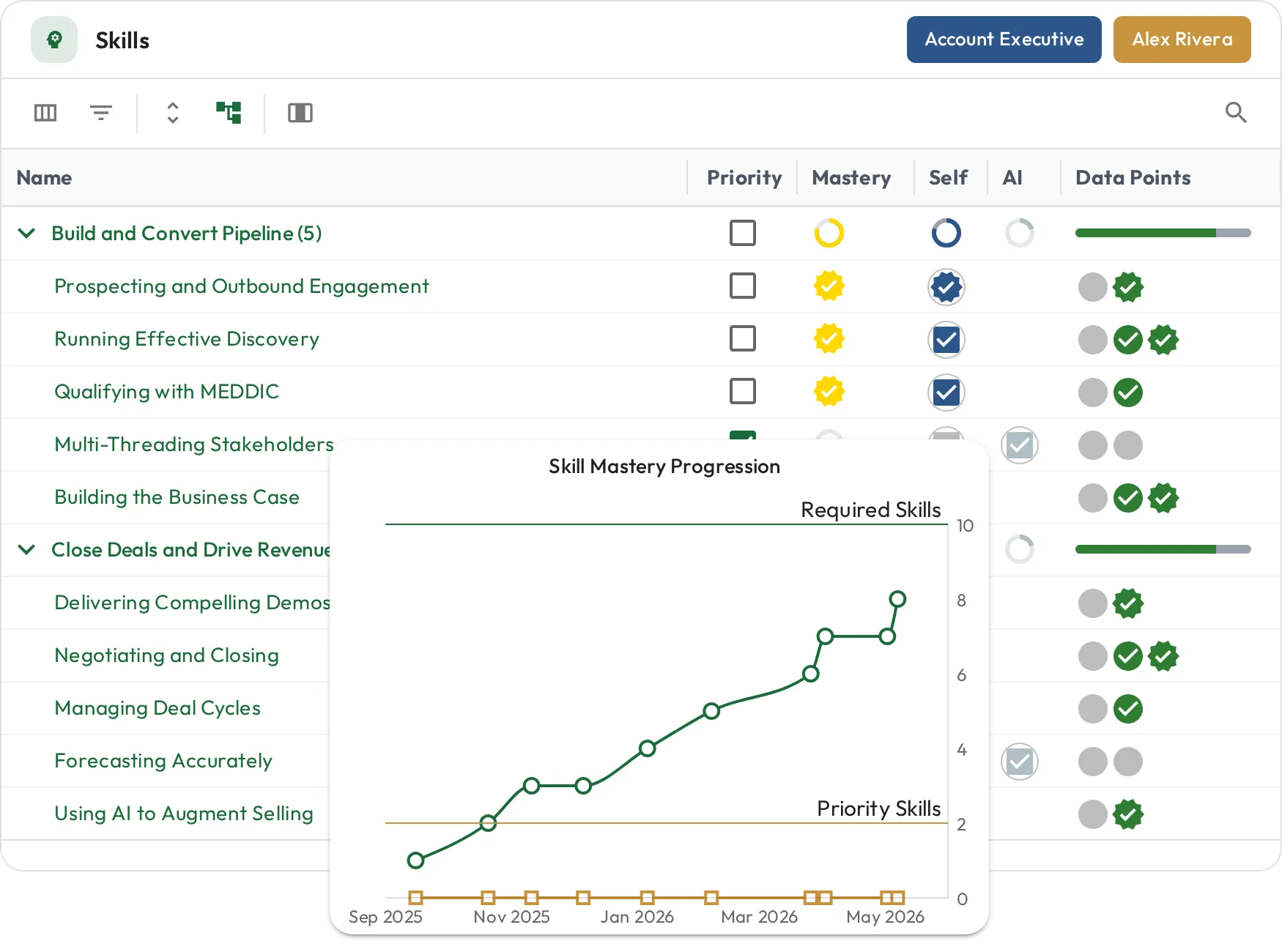 Skills assignments with mastery levels and a skill mastery progression chart over time