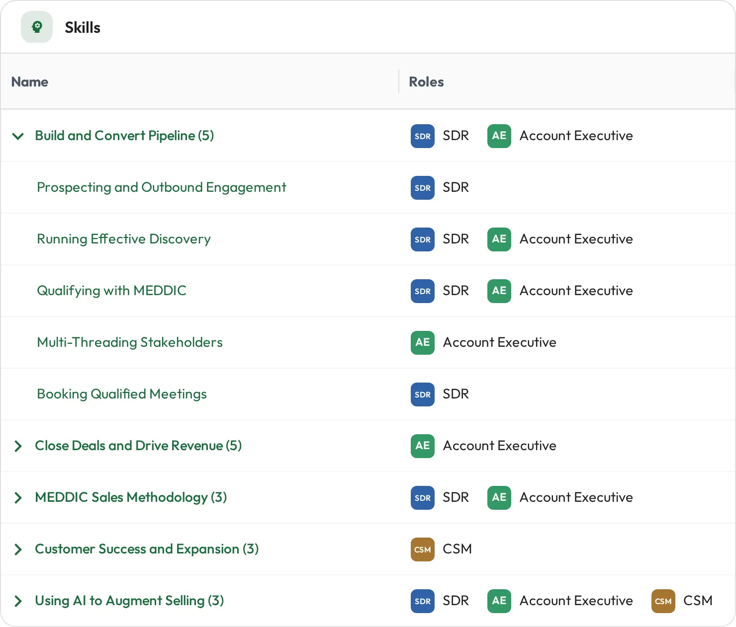 A skills library with sales skillsets like Build and Convert Pipeline assigned to SDR, AE, and CSM roles