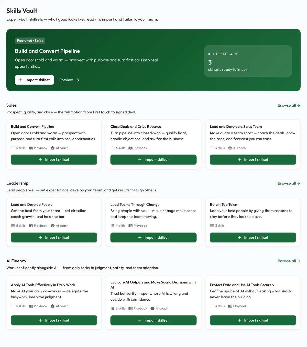 The redesigned Skills Vault, showing rows of expert-built skillsets, each with an Import button.