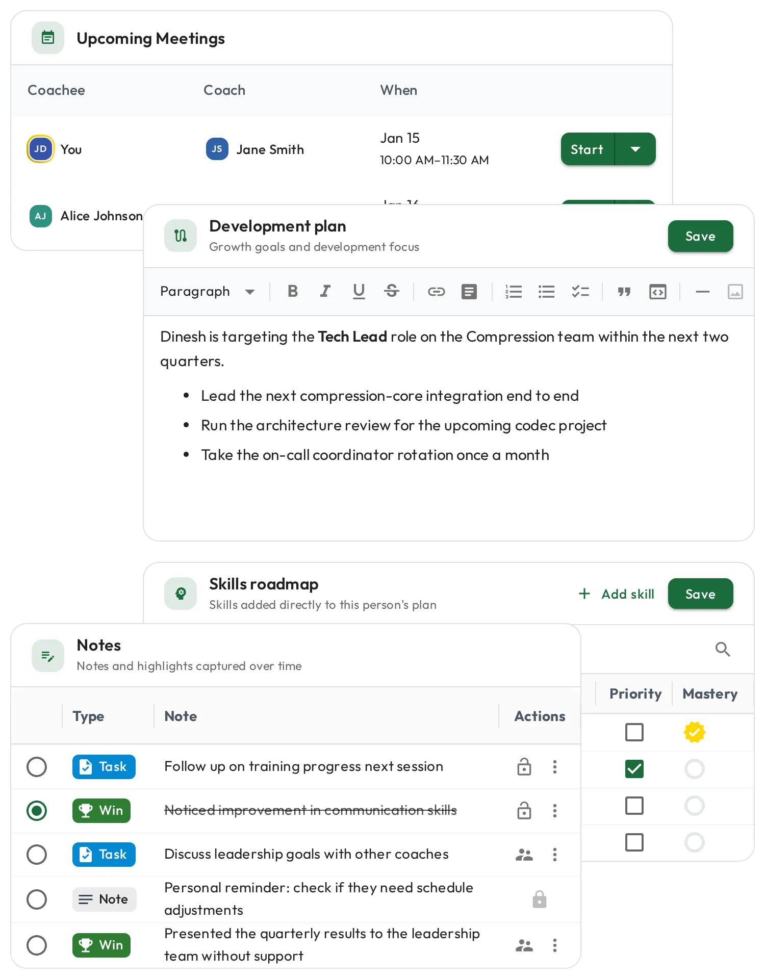 Upcoming meetings, a career development plan, and notes with tasks and wins in one view