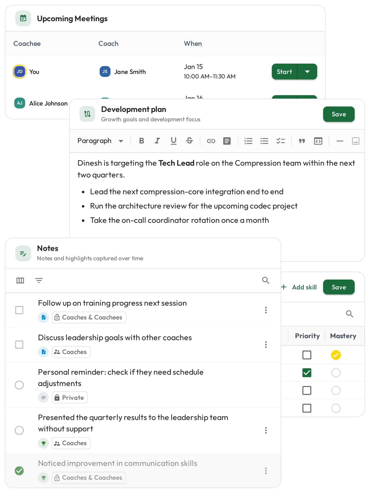 Upcoming meetings, a career development plan, and notes with tasks and wins in one view