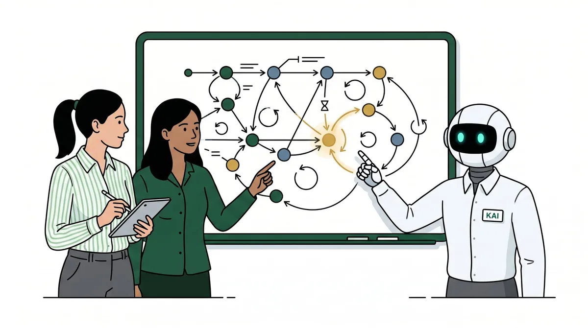 Illustration of leaders using systems thinking to map feedback loops and leverage points.