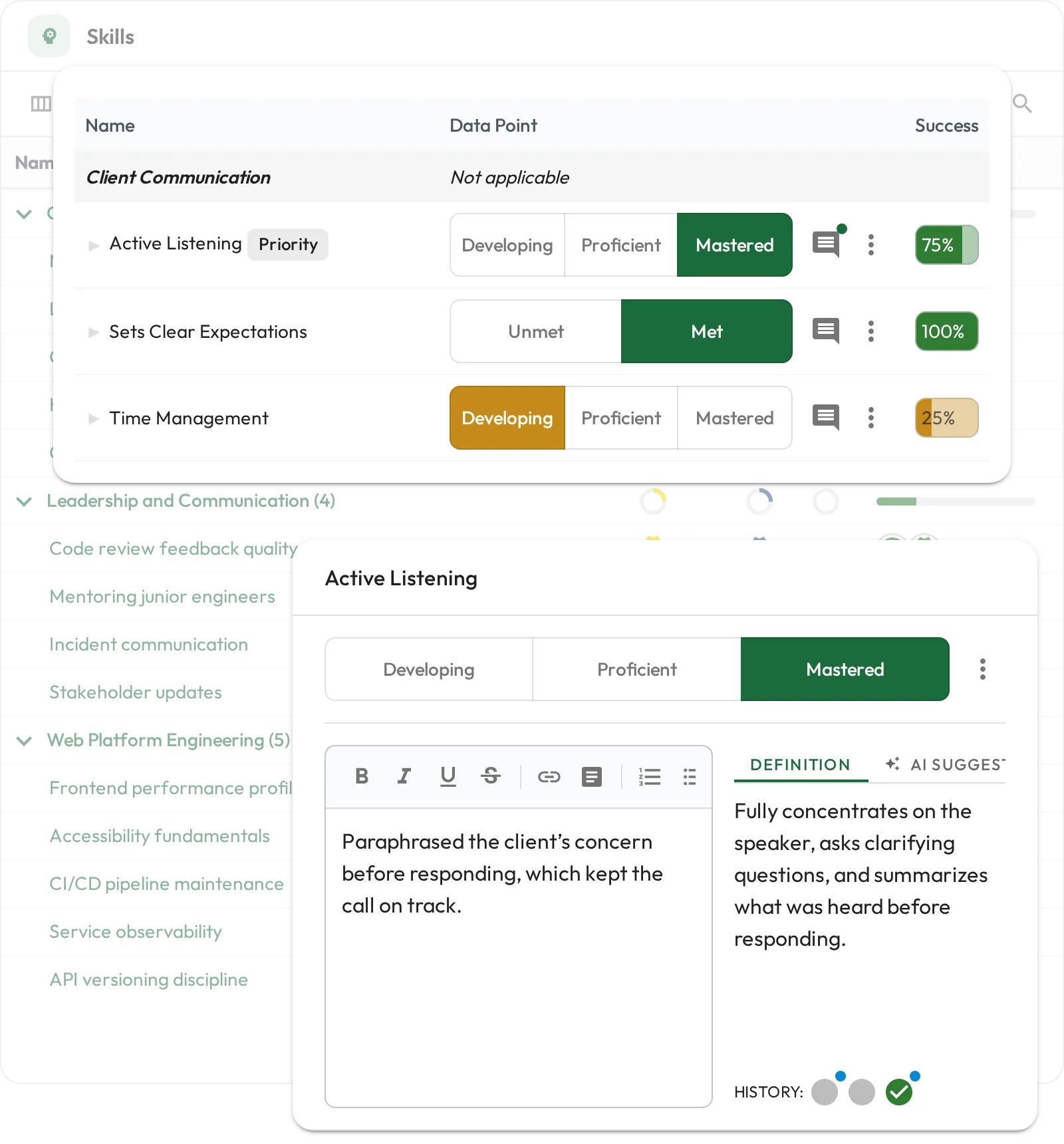 Skill assessment with proficiency levels, success percentages, and evidence notes