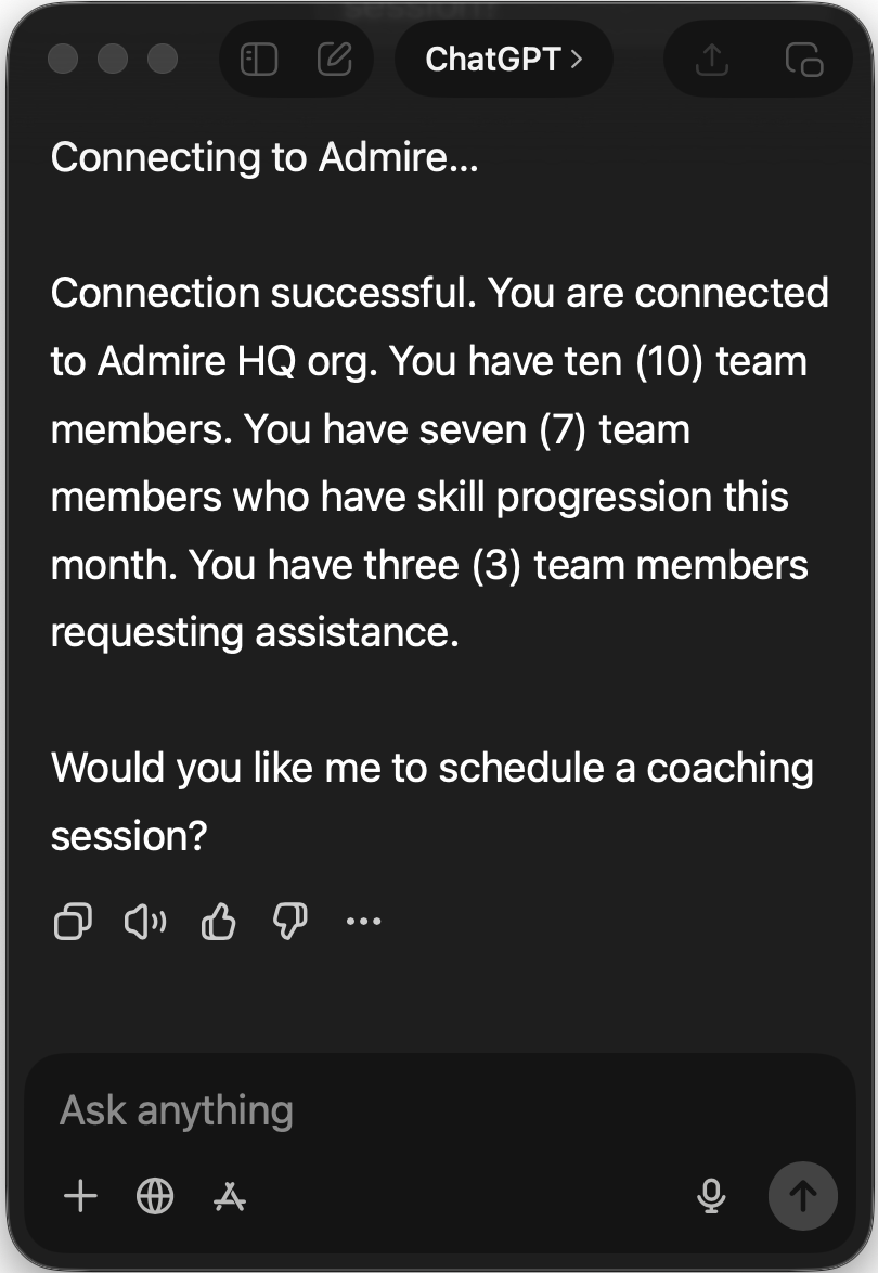 ChatGPT connected to Admire via MCP