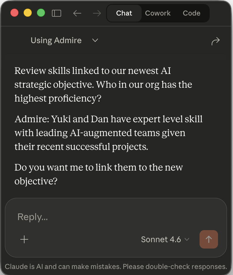 Claude connected to Admire linking skills to strategy